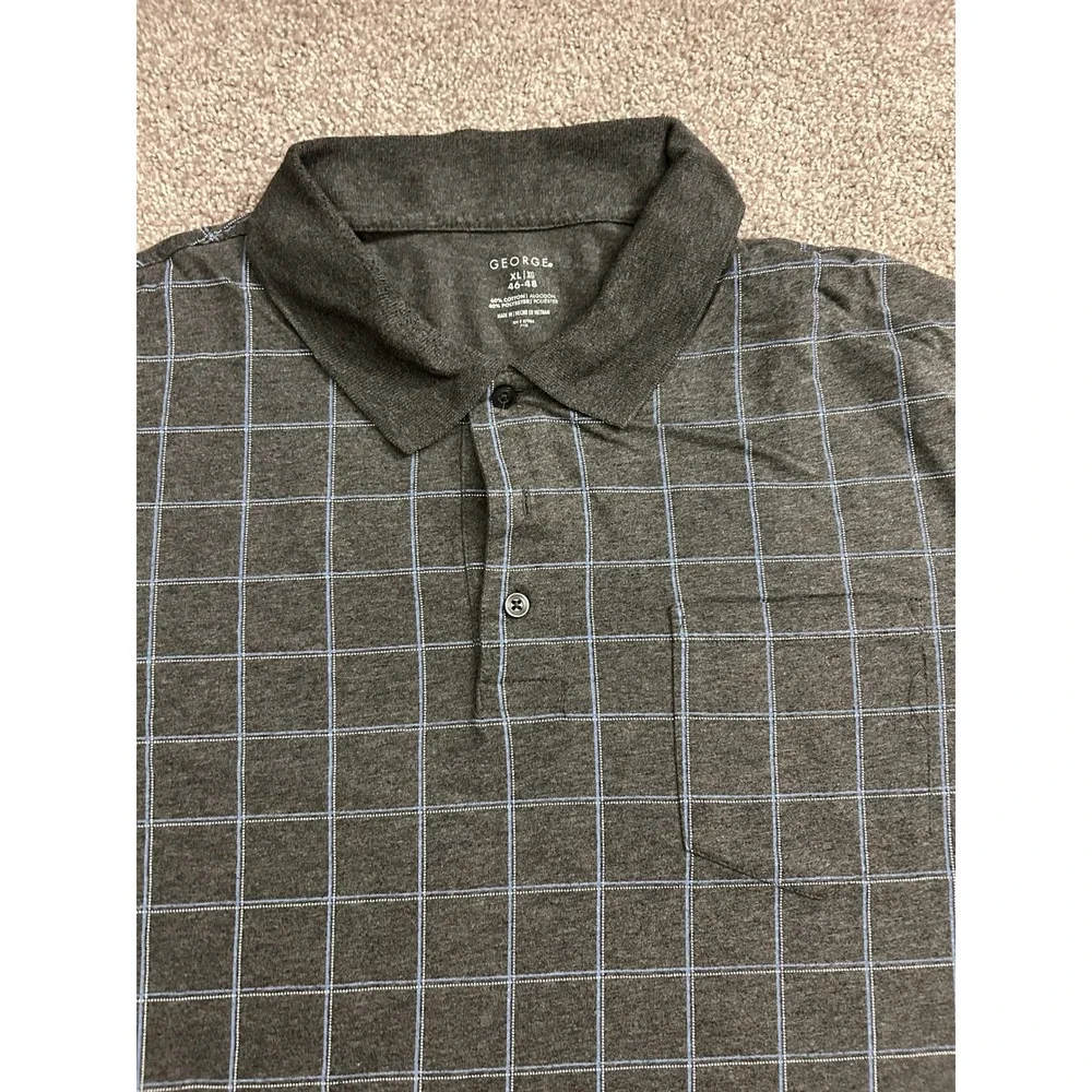 George Polo‎ Shirt Mens XL Gray Blue Windowpane Excellent Short Sleeve Pocket